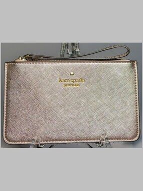 Kate Spade New York Pink Metallic Leather Wristlet Zip Pouch Gold Logo NWOT